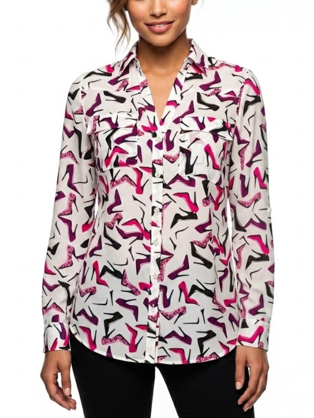 New York & Company Office Siren Sheer High Heel Print Blouse XS